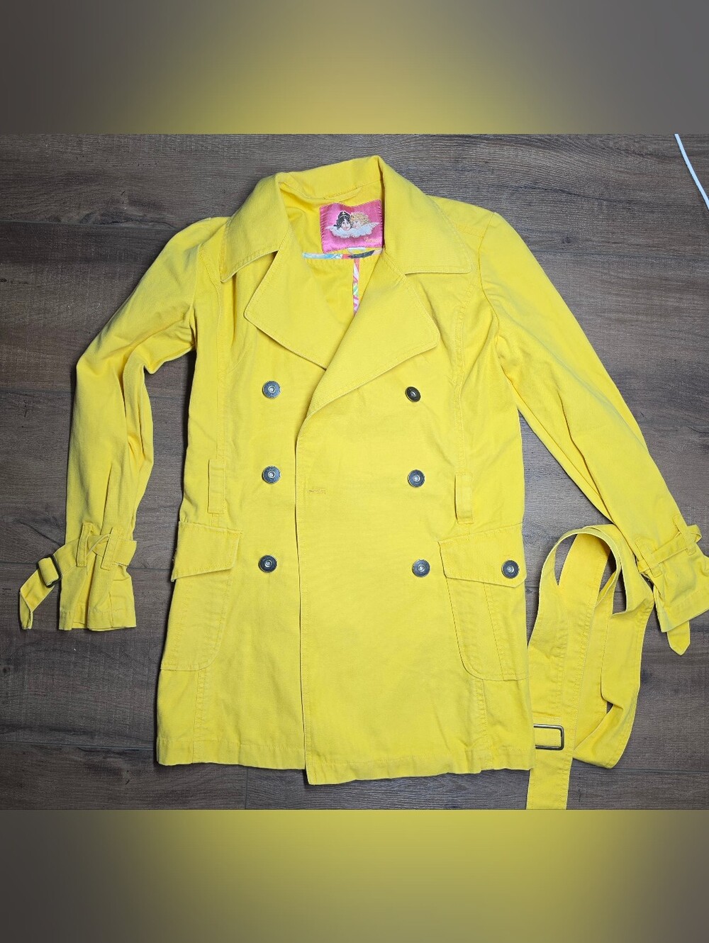 Fiorucci Yellow Belted Trench Coat Cherub Logo Double Breasted Y2K Vintage Jacke